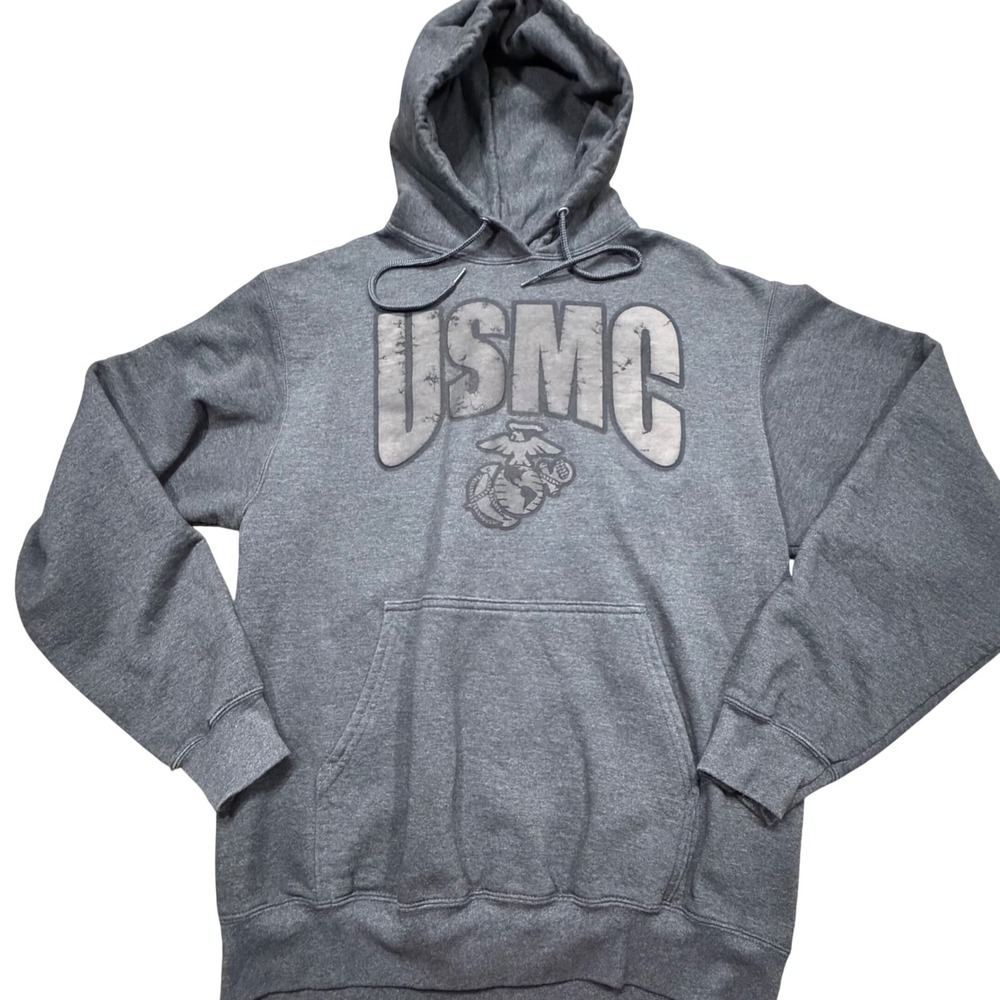 USMC United States Marine Corps Hoodie Charcoal Gray Distressed Graphic Mens M